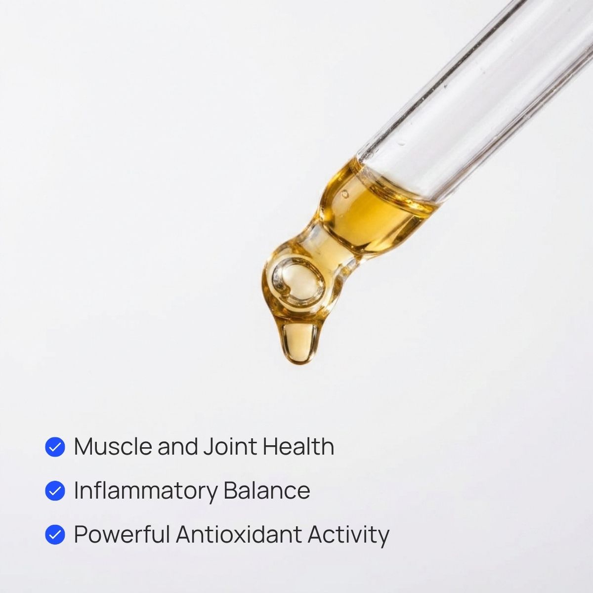 A clear glass dropper tube containing golden yellow liquid, shown against a white background with text listing benefits: Muscle and Joint Health, Inflammatory Balance, and Powerful Antioxidant Activity.