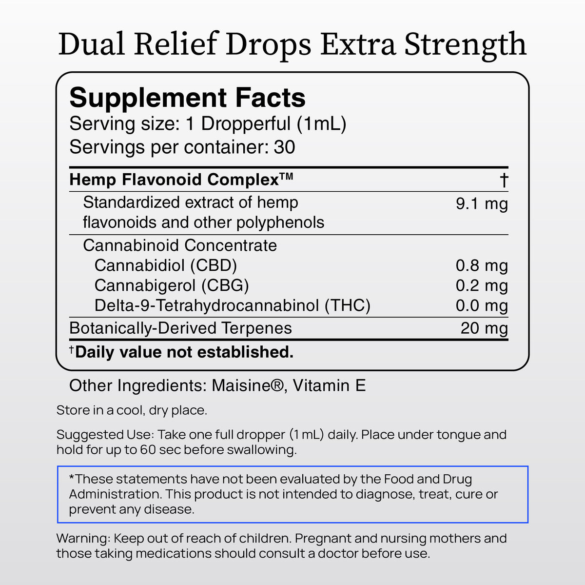 A supplement facts label for Dual Relief™ Drops Extra Strength
