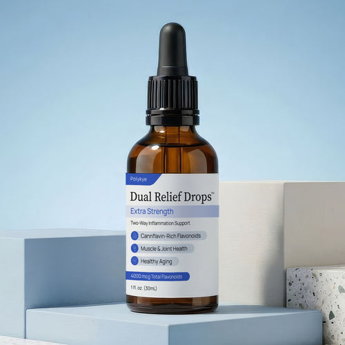 An amber glass dropper bottle of Dual Relief™ Drops Extra Strength, displayed on light blue geometric blocks against a soft blue gradient background.