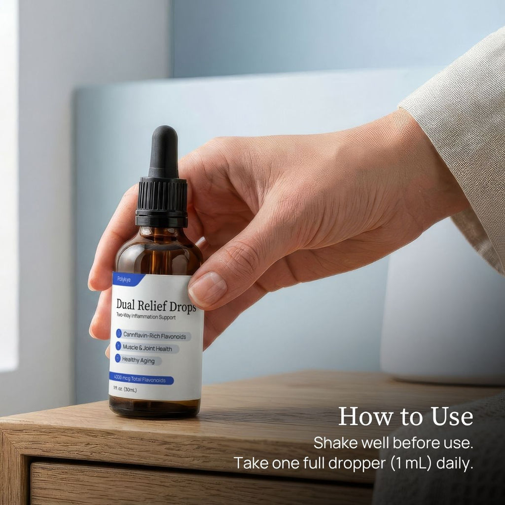 A hand holds a small amber glass dropper bottle of Dual Relief™ Drops on a wooden surface. The image includes a 'How to Use: Shake well before use. Take one full dropper (1mL) daily.' text overlay in the lower right corner.
