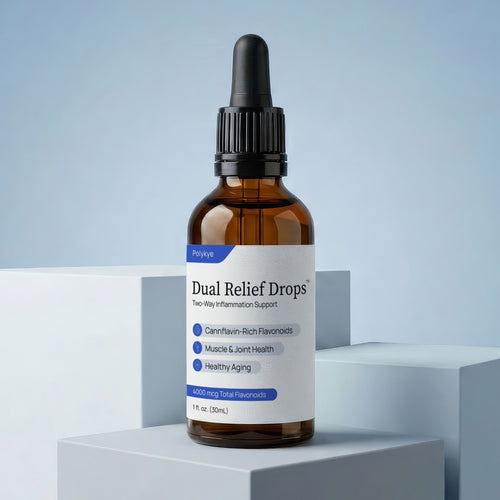 A 30mL amber glass dropper bottle of Dual Relief™ Drops stands on a light gray pedestal against a soft blue studio background.