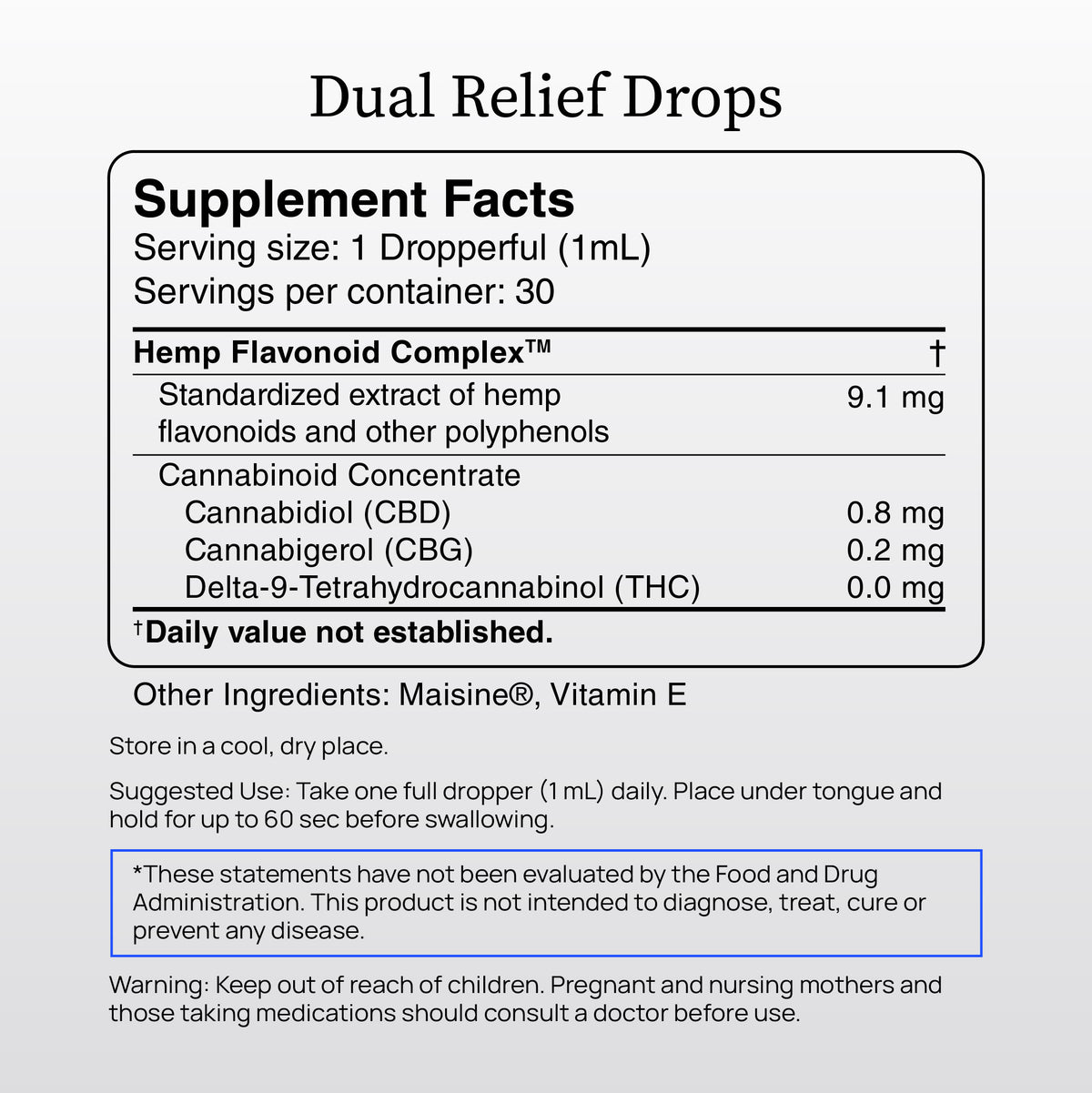 A supplement facts label for Dual Relief™ Drops